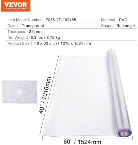 VEVOR Plastic Table Cover, 40 x 60 Inch 2.0 mm Thick Clear PVC Table Protector, Rectangle Desk Mat, Waterproof & Easy Cleaning Tablecloth, for Office, Dresser, Dining Room, Night Stand