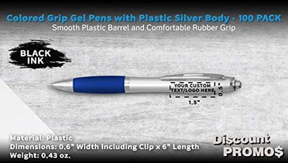 DISCOUNT PROMOS Custom Colored Grip Gel Pens Set of 100, Personalized Bulk Pack - Great for Office, School, Business, Tradeshows, Events - Blue