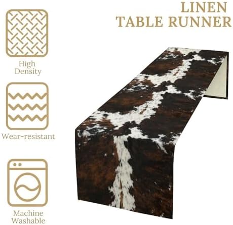 Vintage Cow Print Table Runner, Rustic Cottage Country Farm Animal Fur Skin Pattern Western Style Black Brown Cowhide Print Dinner Runner for Home Kitchen Dining Table Decoration 13x36 Inch