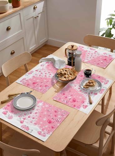 Pink Christmas Placemats Set of 6, White Xmas Tree Snowflakes Pink Balls Heat Resistant Washable Table Place Mats Winter Cotton Table Linens Party Holiday Decor for Kitchen Dining Outdoor Indoor