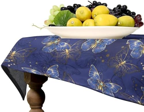 Retro Blue Butterfly Tablecloth, Luxury Golden Blue Butterfly Print Table Cover for Home Dining Decor Kitchen Party Outdoor 60x90in