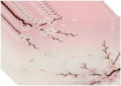 Batmerry Pink Cherry Blossom Linen Placemats Set of 8, Delicate Spring Blossoms Washable Table Mats for Kitchen Table Thickened Heat Insulation Dining Set Indoor Outdoor 12X18 in