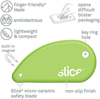 Slice Micro Safety Cutter | Safe Ceramic Box Cutter Lasting 11x Longer than Metal | Keychain Box Opener | 2 Pack | Green