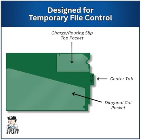 Doctor Stuff - Center Tab Vinyl Outguides, Diagonal Cut Front Pocket, Top Charge Out Slip Pocket, Plastic File Folder, Letter Size 9" x 13-1/4", Green, 50/Box