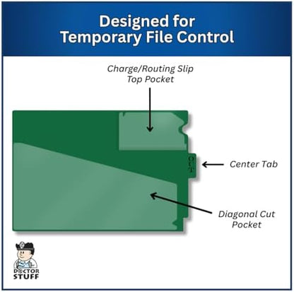 Doctor Stuff - Center Tab Vinyl Outguides, Diagonal Cut Front Pocket, Top Charge Out Slip Pocket, Plastic File Folder, Letter Size 9" x 13-1/4", Green, 50/Box