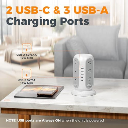 TESSAN Tower Power Strip Surge Protector, Flat Extension Cord 6 Ft, Grey