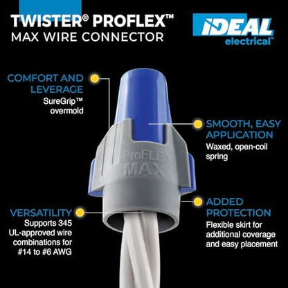 Ideal Electrical Twister Proflex MAX (30-348) Blue/Gray Wire Connector, Jar of 150 — Smooth Twist-On Wire Nuts for Wiring 3-Way Switches, GFCI Outlets, and More