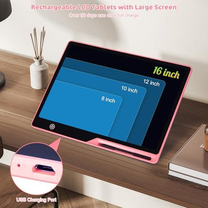 POPERFUN LCD Writing Tablet for Kids, Rechargeable Kids Drawing Pad 16 Inch Colorfuls Doodle Board, Kids Drawing Tablet Toys for Ages3 4 5 6 7 8 for Girls Boys Adults (Light Pink)