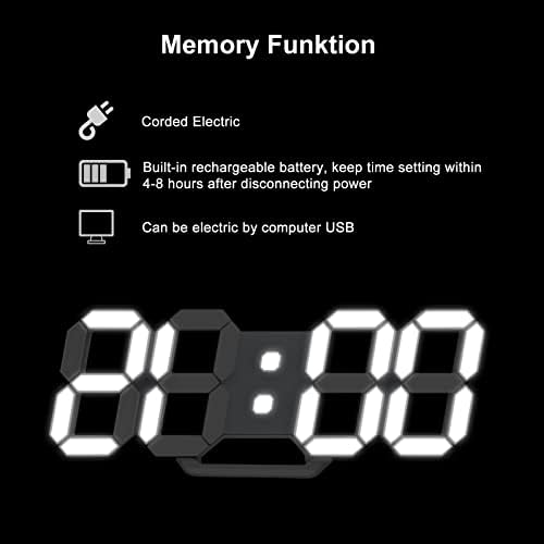 Led Digital Alarm, 3D Wall Clock Desk Auto Dimming 12/24 Hour Date Temperature Home Decor Remote Control Silent Snooze USB Nightlight Bedroom Living Room Kitchen Office 9.7inch Cool White