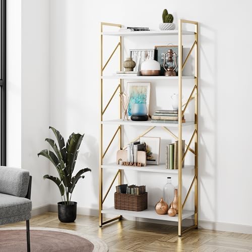 Shintenchi 5 Tiers Bookshelf, Classically Tall Bookcase Shelf,Industrial Book Rack,Modern Book Holder in Bedroom/Living Room/Home/Office, Storage Rack Shelves for Books/Movies,Gold