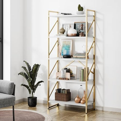 Shintenchi 5 Tiers Bookshelf, Classically Tall Bookcase Shelf,Industrial Book Rack,Modern Book Holder in Bedroom/Living Room/Home/Office, Storage Rack Shelves for Books/Movies,Gold