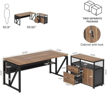 Tribesigns 63" Executive with Drawer Cabinet, L Shaped Desk and Lock lateral File Cabinet, 2 Piece Home Office Furniture Set with Drawers for Hanging File, (Brown, 63 inches)