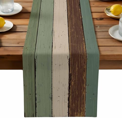 Green Brown Wood Grain Table Runner Dresser Scarf 13 x 72 Inch Vintage Mottled Board Striped Farm Table Runners Non-Slip Heat Resistant Kitchen Dining Table Decor for Home Holidays Indoor Outdoor