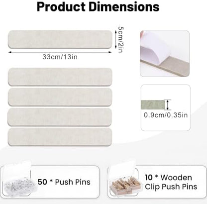 Thboxes 8 Pack Felt Bulletin Board Strips, 13x2 Inch Self Adhesive Felt Pin Boards with 50 Pushpins and 10 Wooden Clips Push Pins, Cork Board for Walls Home Office Decor(Oatmeal)