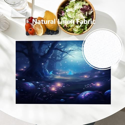 Batmerry Night Forest Glowing Elements Linen Placemats Set of 4, Mysterious Night Forest Scene Washable Table Mats for Kitchen Table Thickened Heat Insulation Dining Set Indoor Outdoor 12X18 in