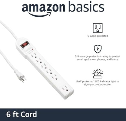 Amazon Basics Surge Protector Power Strip, 6-Outlet, 790 Joules, Circuit Breaker, LED Indicator, 6ft Extension Cord, White (Pack of 2)