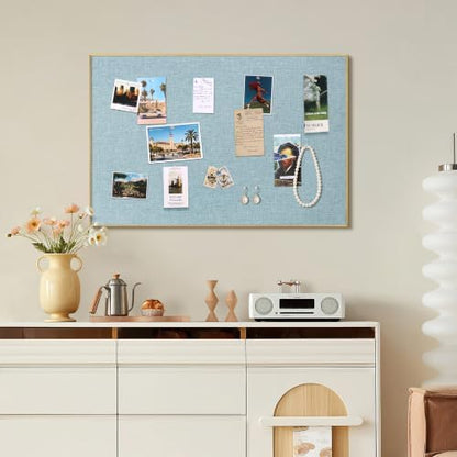 SELEAD Linen Bulletin Board 30” x 20” - Golden Aluminum Frame, Teal Fabric