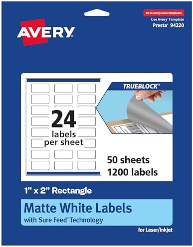 Avery TrueBlock Matte White Rectangle Labels, Sure Feed Technology, 1" x 2", 1,200 Matte White Labels, Print-to-The-Edge, Laser/Inkjet Printable, Great for Packaging and Product Merchandising