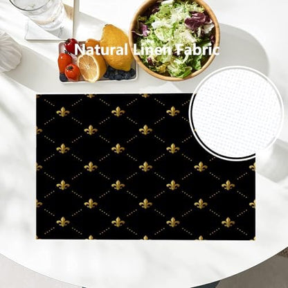 Batmerry Gold Black French Placemats, Flowers Golden Fleur De Lis Black Gold from Art Washable Linen Table Mats for Kitchen Table Double Insulation Decor Dining Set Indoor Outdoor 12X18 in Set of 6