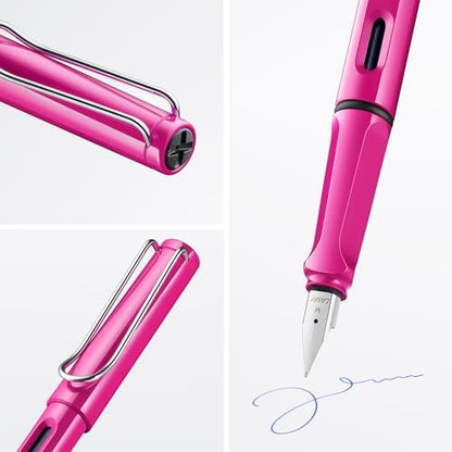 LAMY safari pink - Fountain Pen with ergonomic grip & polished steel nib in size F - ideal for any Writing & Calligraphy - including LAMY T 10 blue cartridge - Right-Handed