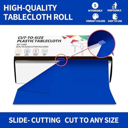 CXPSINC 54 Inch X 100 Feet Plastic Table Cover Roll Disposable Tablecloth with Slide Cutter for All Type/Shape Tables | Party, Banquet, Birthdays, Weddings(Blue, 100 Feet)