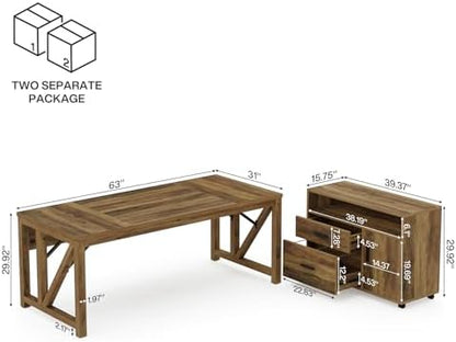 Tribesigns L Shaped Desk with Drawer Cabinet, 63" Executive Computer Desk and lateral File Cabinet, 2 Piece Home Office Furniture with Drawers for Hanging, Door