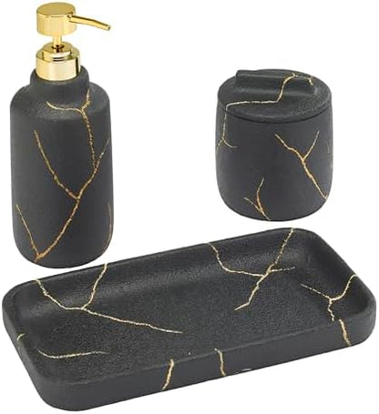 Nicole Miller - Bathroom Set, 3pc Resin Countertop Accessories, Dorm Room Essentials (Sydney Collection, Black/Gold)