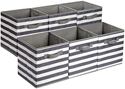 Amazon Basics Collapsible Fabric Storage Bins with Handles, Cube Organizer for Organizing, 13"x13"x13", White/Light Grey Stripe, 6-Pack