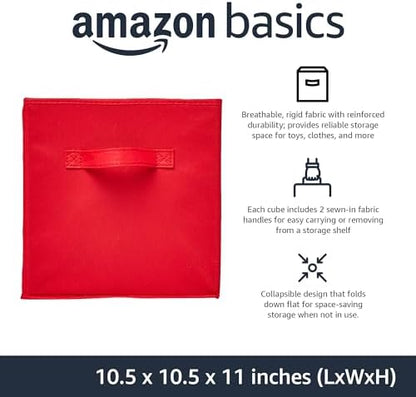 Amazon Basics Cube Organizer Storage Bins Handles, Collapsible Fabric, 10.5"x10.5"x11", Red (Pack of 30)