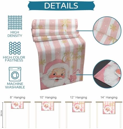 Pink Santa Claus Table Runner Dresser Scarf 13 x 72 Inch Merry Christmas Candy Snowflake White Striped Table Runners Non-Slip Heat Resistant Kitchen Dining Table Decor for Home Holidays Indoor Outdoor