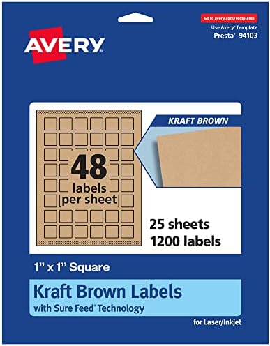 Avery® Kraft Brown Square Labels, Sure Feed® Technology, 1" x 1", 1,200 Kraft Brown Labels, Print-to-The-Edge, Laser/Inkjet Printable