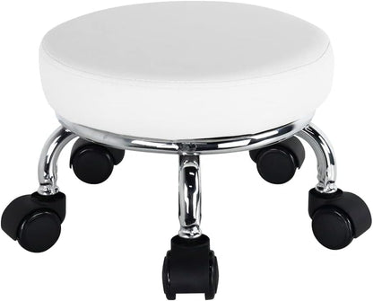 Modern Roller Seat PU Leather Low Round Rolling Stool 360 Swivel Small Stool with Universal Caster Wheels for Home Office Garage Shop Fitness Sport H8.6" (White)