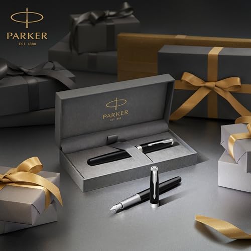 PARKER Sonnet Fountain Pen | Premium Metal and Black Gloss Finish with Gold Trim | Fine 18k Gold Nib with Black Ink Cartridge | Gift Box