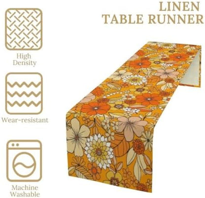 Floral Table Runner Retro 70s Hippie Daisy Flower Peace Love Birthday Party Retro Kitchen Dinning Home Decoration 13x36 Inch