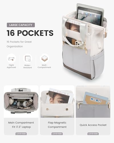 LOVEVOOK Laptop Backpack for Women with Giant Tumbler Holder, 17.3 Inch Work Laptop Bag with USB Port, Fashion Teacher Nurse Backpack Purse, Waterproof Travel Computer Backpack, 2PCS, Beige-Light Grey
