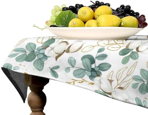 Cotton Flowers Tablecloth, Watercolor Summer Green Golden Eucalyptus Leaves Floral Print Table Cloth for Outdoor Picnic Home Dining Kitchen Table Decor 55x75in