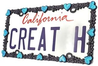 Creathome 3D Shining Daisy Heart License Plate Frame from Pure Zinc Alloy Metal Perfect Plate Holder, Matt Black with Blue Glitter, Luminously Heart
