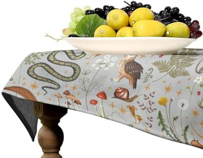 Woodland Animal Tablecloth, Grey Country Forest Hare Squirrel Owl Snake Snail Flowers Mushroom Print Table Cover for Picnic Party Holiday Home Kitchen Dining Table Decor 55x55in