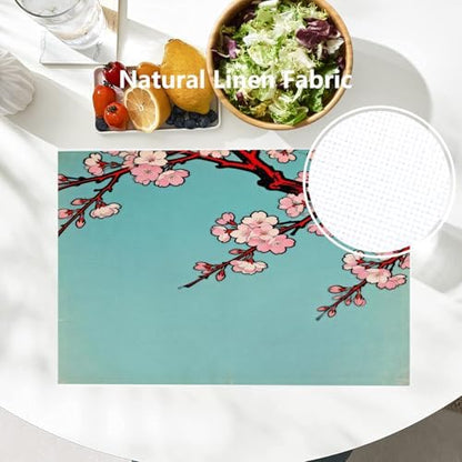 Batmerry Shabby Chic Cherry Blossom Linen Placemats Set of 8, Turquoise Vintage Washable Table Mats for Kitchen Table Thickened Heat Insulation Dining Set Indoor Outdoor 12X18 in