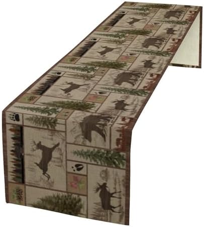 Rustic Bear Table Runner, Retro Vintage Bear Country Style Cabin Cottage Pine Tree Dinner Table Decoration for Home Kitchen Dining 13"x120"
