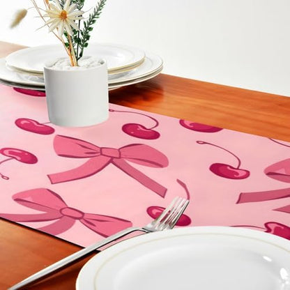 ALAZA Double-Sided Pink Bow Cherry Table Runner 14x108 Inches Long,Table Cloth Runner for Wedding Birthday Party Kitchen Dining Home Everyday Decor