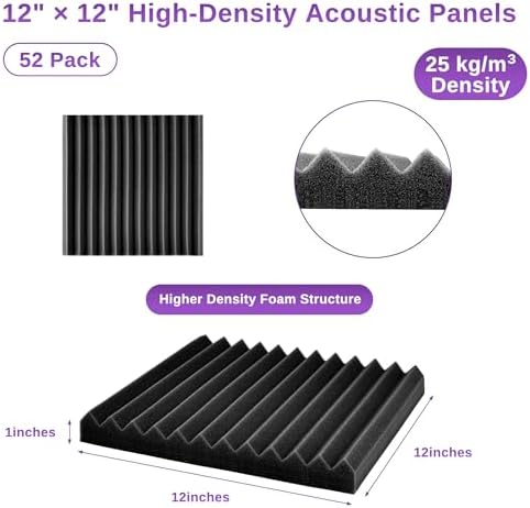 52 Pack Acoustic Foam Panels,1" x 12" x 12"Acoustic Wedge Studio Foam Sound Absorption Wall Panels (Black/Purple)