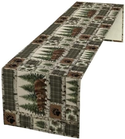Vintage Rustic Cabin Moose Deer Bear Table Runner, Retro Bear Cottage Country Style Cabin Farmhouse Dinner Runner for Home Kitchen Dining Table Decoration 13"x120"