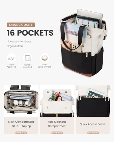 LOVEVOOK 17.3 Inch Laptop Backpack for Women, Large Capacity Travel Backpack with Organizer Bag, Waterproof Carry on Backpack Work Bag with USB Port, Teacher Nurse Backpack Purse, 2PCS, Beige-Black