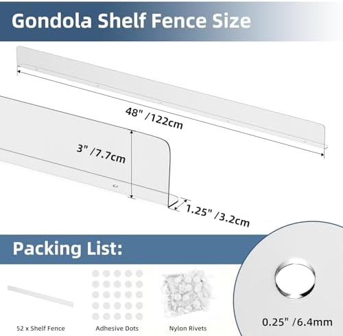 Nalwort 52 Pcs Retail Gondola Shelving Front Fence, Clear PET Shelf Fence with 1/4" Holes and Screws, Front Lips Barrier for Retail Store Display Rack, 3" H x 48" L