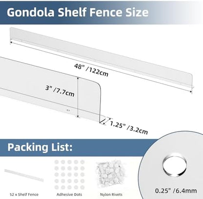 Nalwort 52 Pcs Retail Gondola Shelving Front Fence, Clear PET Shelf Fence with 1/4" Holes and Screws, Front Lips Barrier for Retail Store Display Rack, 3" H x 48" L