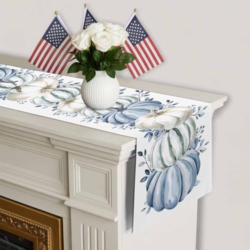 Fall Table Runner White Blue Pumpkin Table Runners Harvest Thanksgiving Blue Eucalyptus Leaves Cotton Linen Dresser Scarf Kitchen Dining Table Decor for Autumn Holiday Party Coffee 13x90 Inch