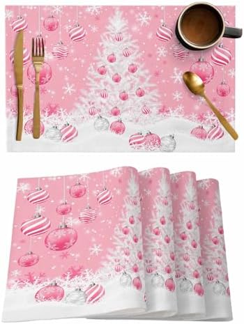 Pink Christmas Placemats Set of 6, White Xmas Tree Snowflakes Pink Balls Heat Resistant Washable Table Place Mats Winter Cotton Table Linens Party Holiday Decor for Kitchen Dining Outdoor Indoor