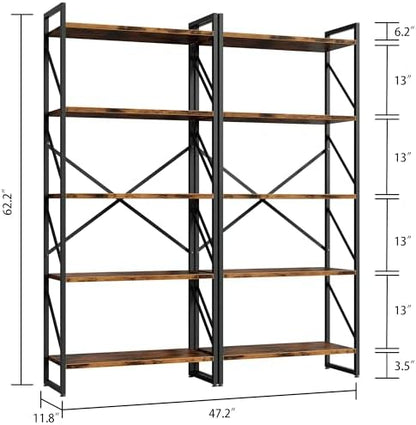 Shintenchi 2 Pieces 5 Tiers Bookshelf, Classically Tall Bookcase Shelf, Industrial Book Rack, Modern Book Holder in Bedroom/Living Room/Home/Office, Storage Rack Shelves for Books/Movies-Rustic Brown