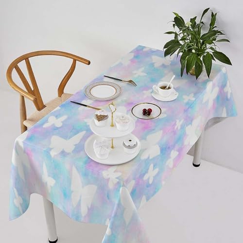 Rainbow Butterfly Tablecloth, Colorful Pink Blue White Butterflies Cartoon Print Table Cover for Farmhouse Kitchen Dining Room Table Decor 60x120in